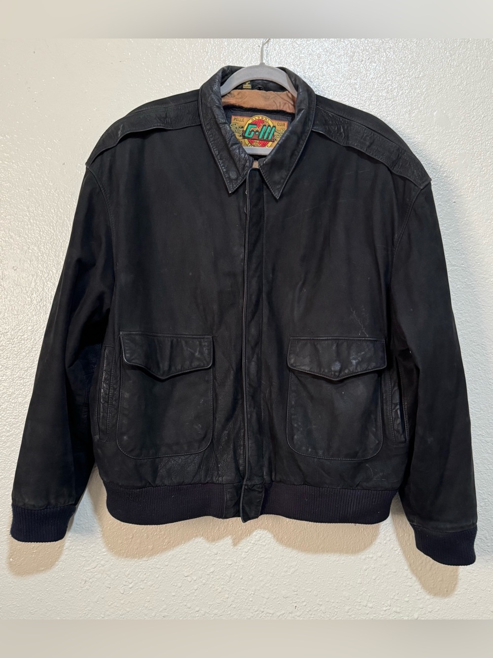 Vintage 90s G-III Bomber Leather Biker Jacket Mens XL Black Map Lining Zip